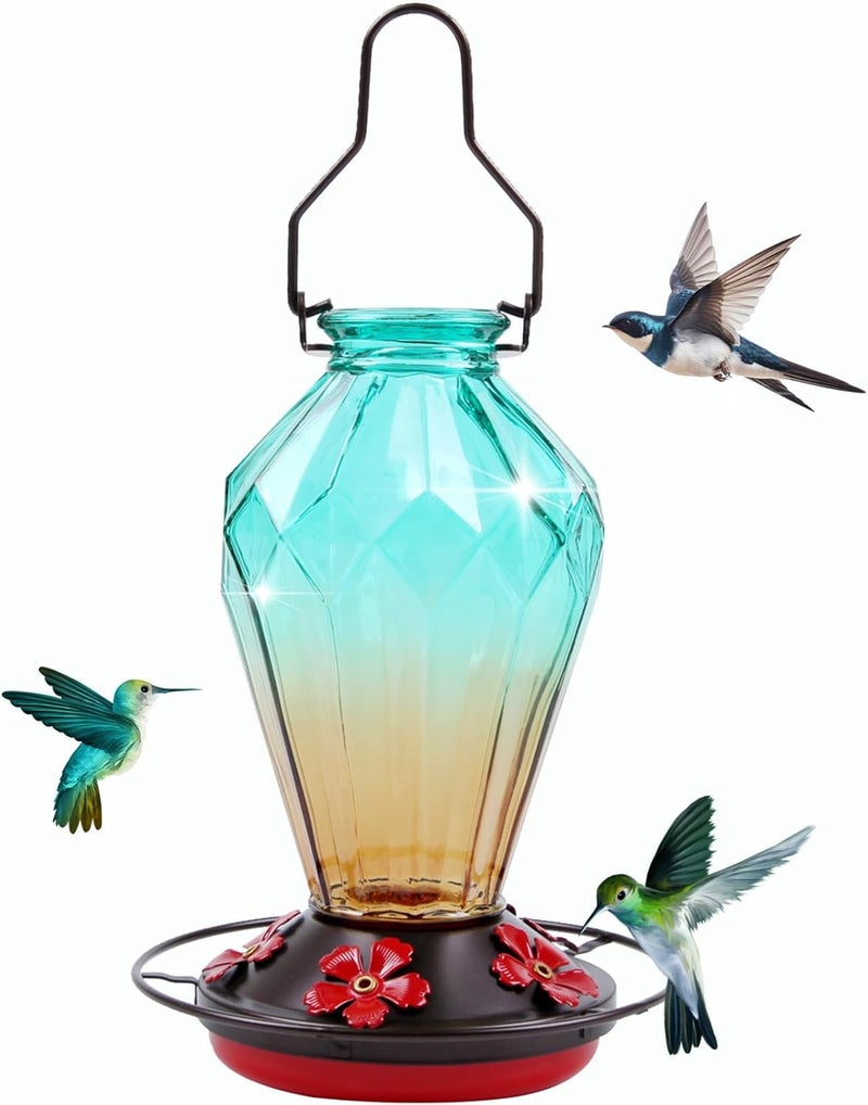 MCHBF Glass Hummingbird Feeder for Outdoors Hanging, 25Oz Humming Bird Nectar Feeder, Perch, 5 Flower Feeding Ports, Leak Proof Base, Hook for Outside Garden Backyard, Gift for Women, Diamond Green - Image 1